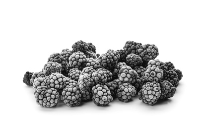 Photo of Heap of tasty frozen blackberries on white background