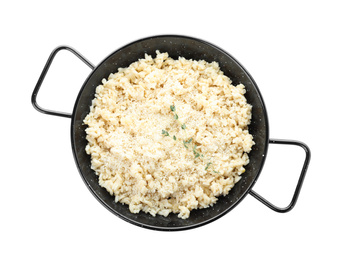 Photo of Delicious risotto with cheese isolated on white, top view