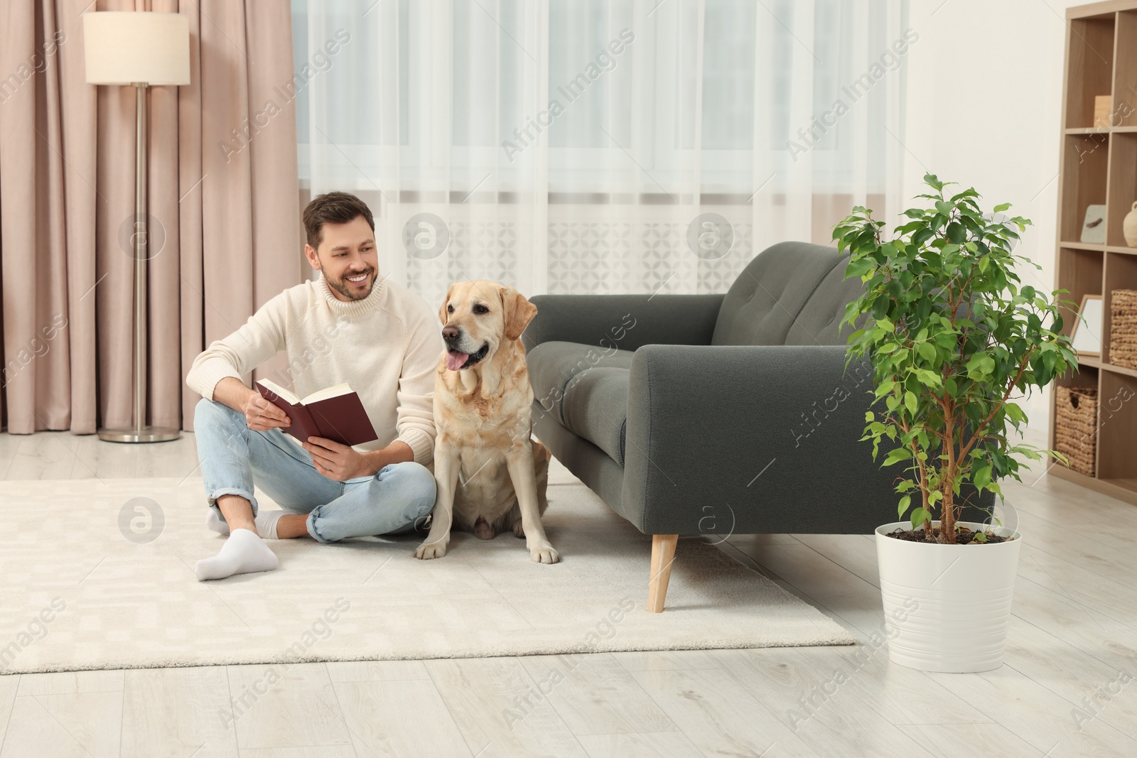 Photo of Man reading book on floor near his cute Labrador Retriever at home