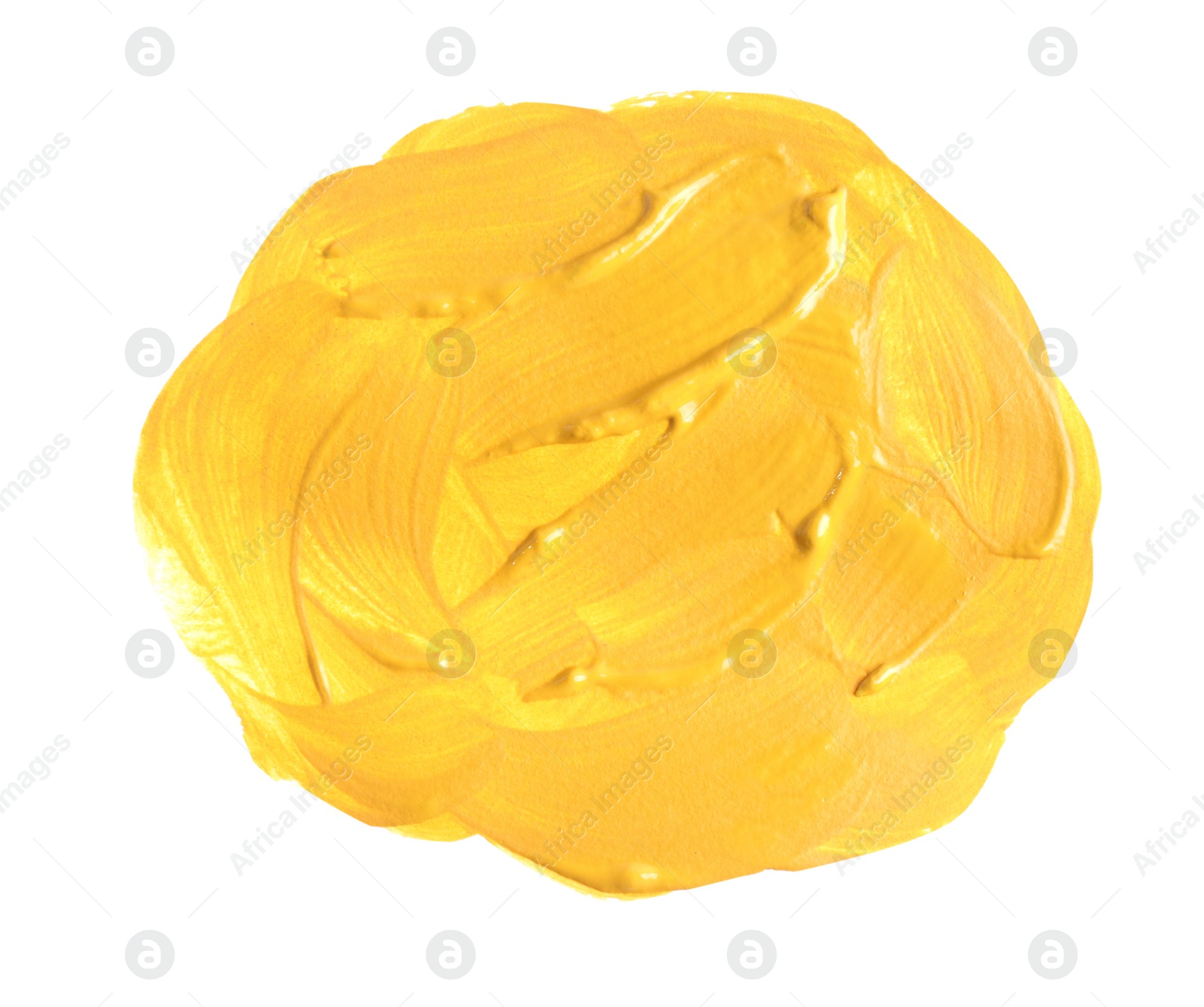 Photo of Yellow paint circle drawn with brush on white background, top view