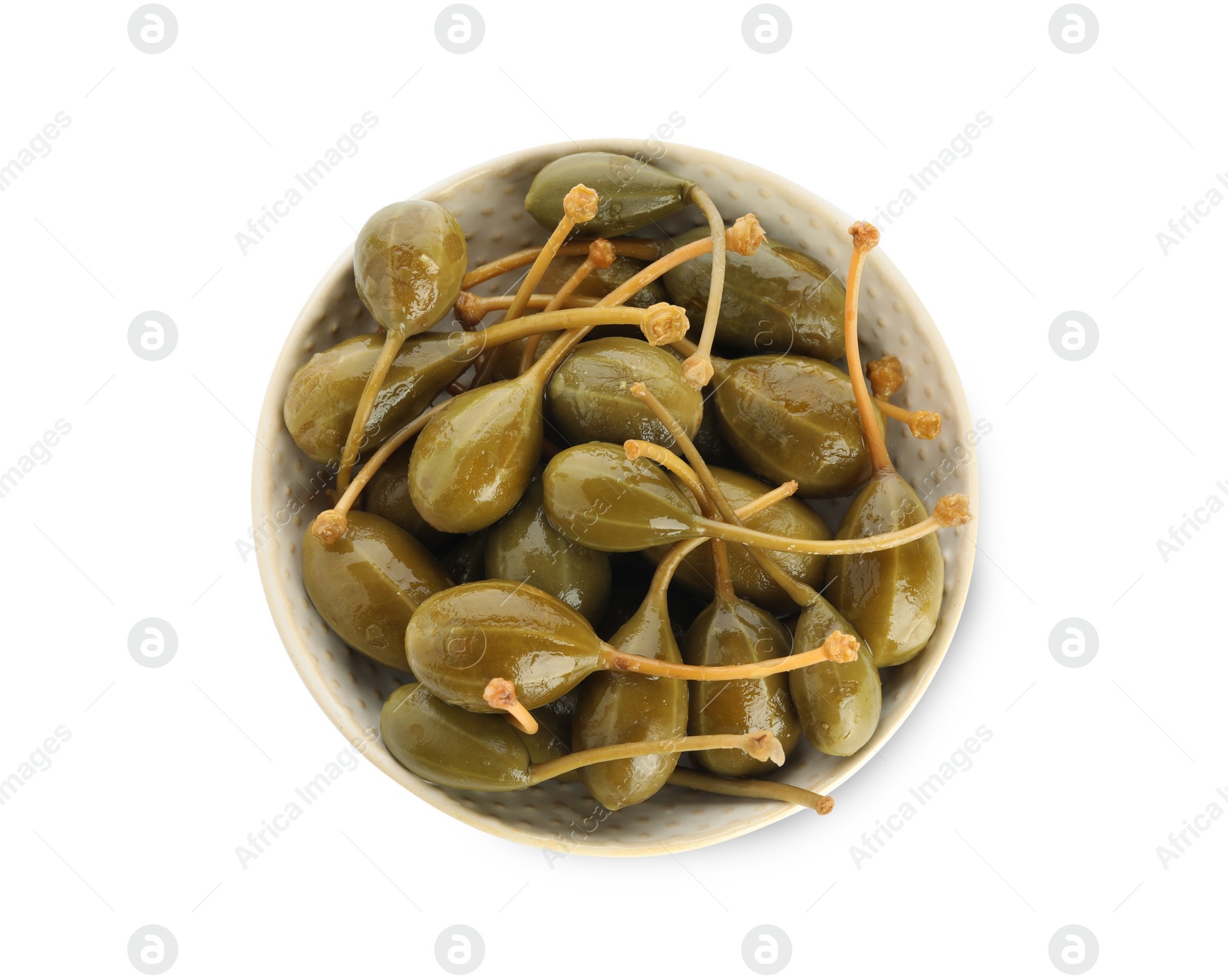 Photo of Capers in bowl isolated on white, top view