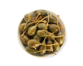 Photo of Capers in bowl isolated on white, top view