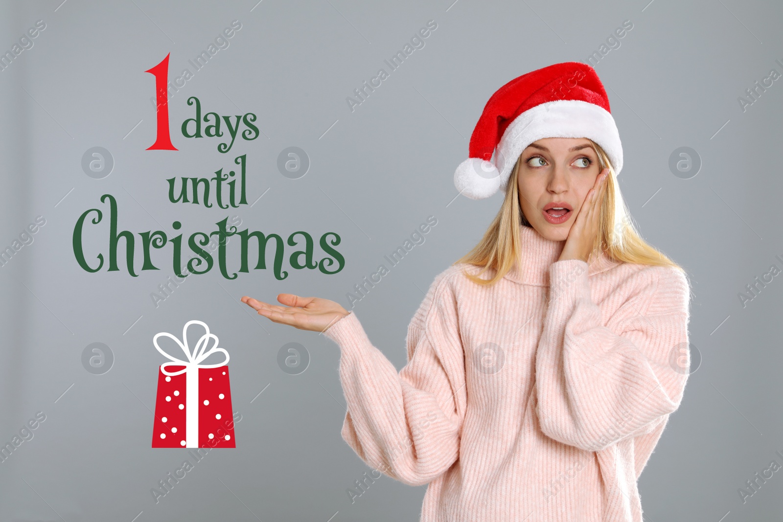 Image of Christmas countdown. Surprised woman wearing Santa hat on light grey background near text