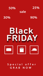 Text BLACK FRIDAY and different shopping icons on red background