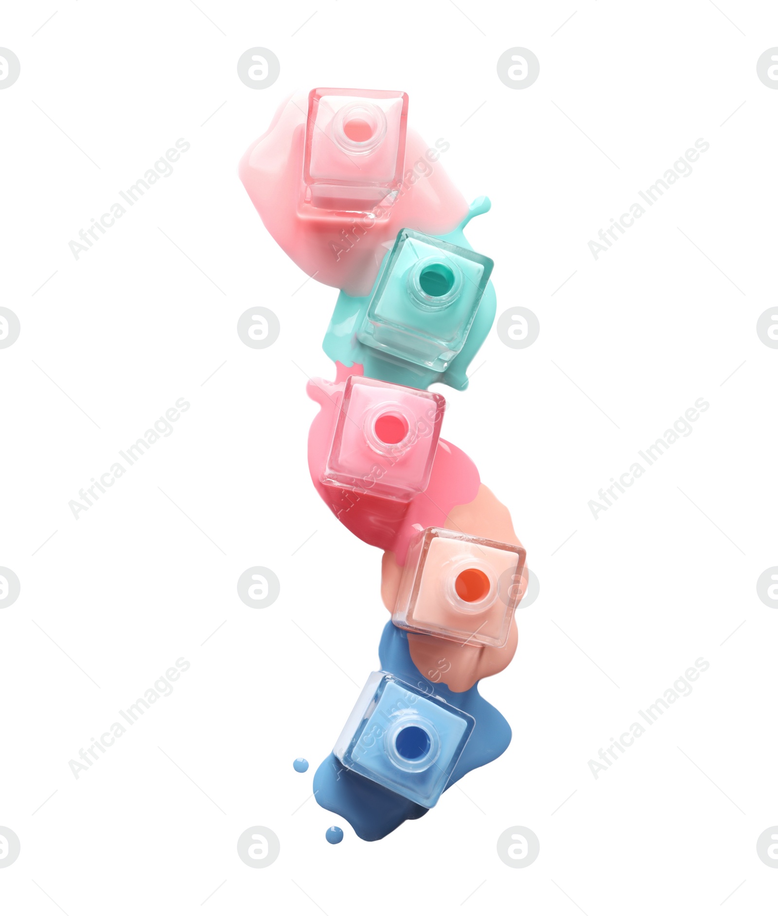 Photo of Spilled different nail polishes with bottles on white background, top view