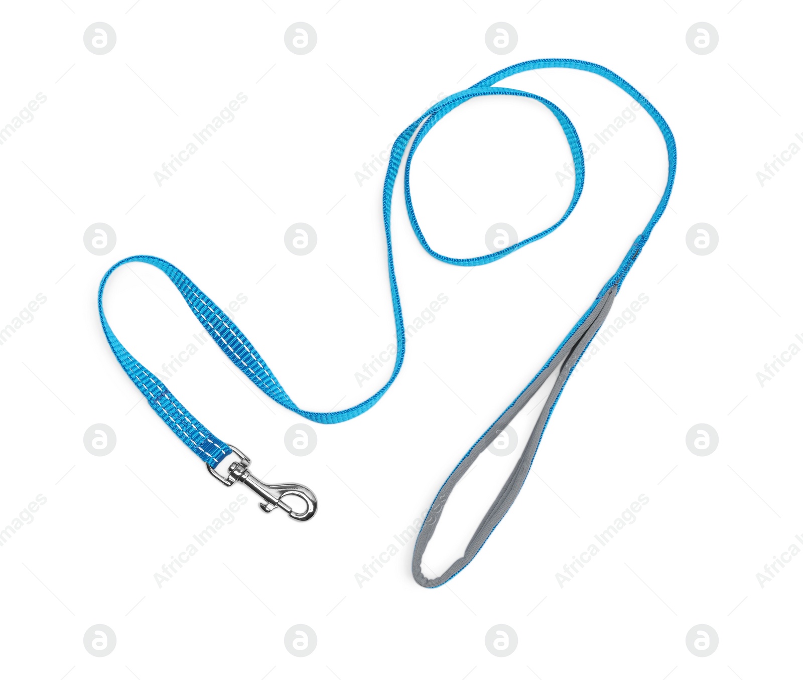 Photo of Light blue dog leash isolated on white, top view