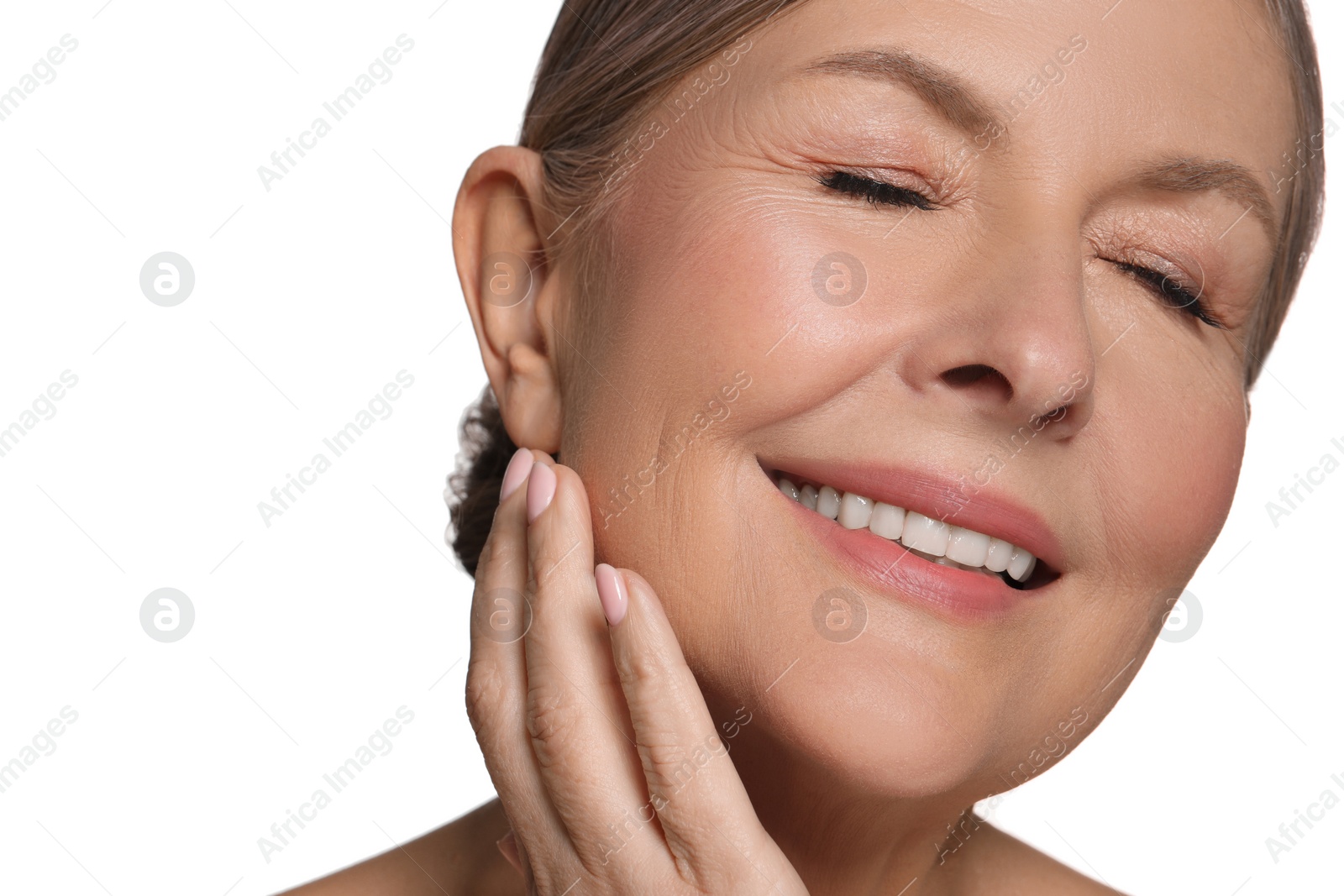 Photo of Beautiful mature woman with healthy skin on white background, closeup