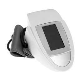 Photo of Digital blood pressure monitor on white background. Cardiology equipment