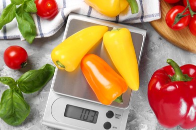 Kitchen scale with bell pepper among basil and tomatoes on grey textured table, flat lay