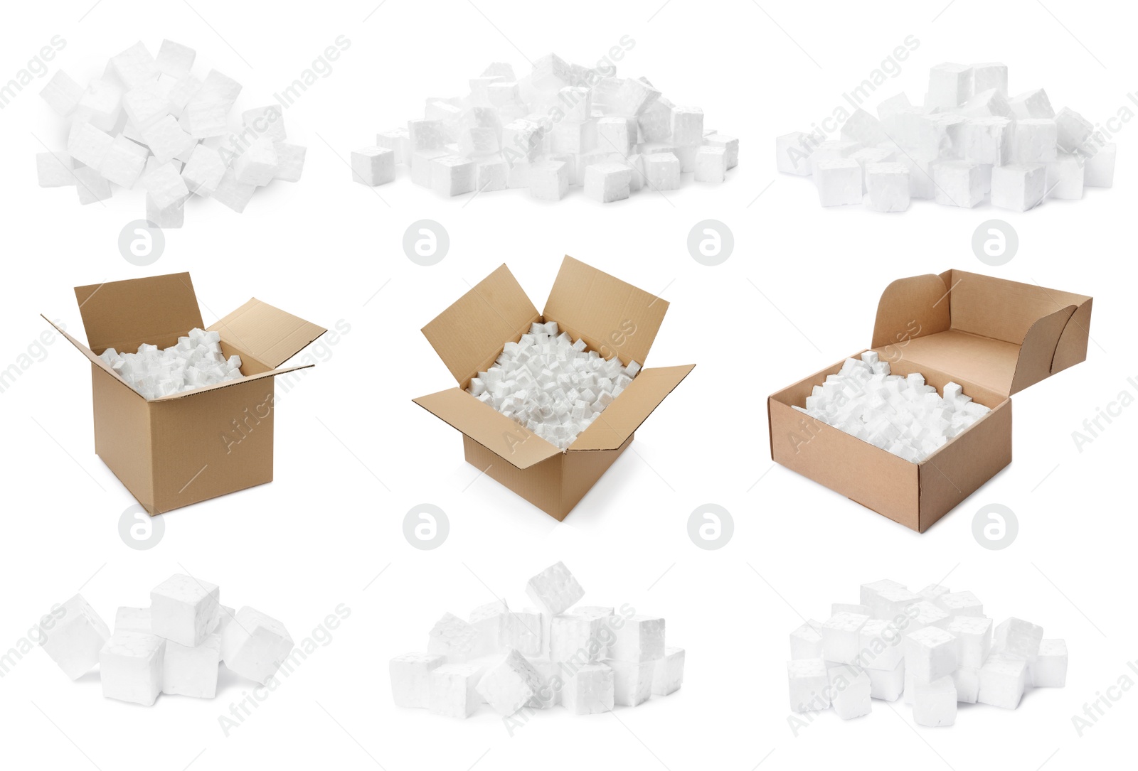 Image of Set with cardboard boxes and piles with styrofoam cubes on white background, banner design