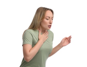 Photo of Young woman suffering from pain during breathing on white background