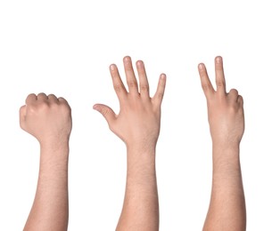 Image of People playing rock, paper and scissors on white background, closeup