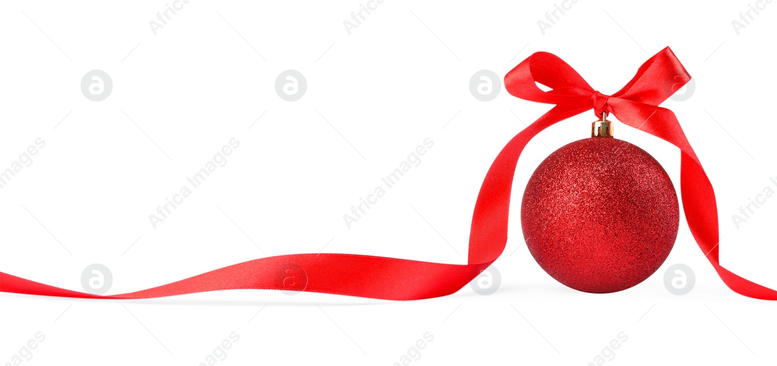 Photo of Beautiful red Christmas ball with ribbon isolated on white