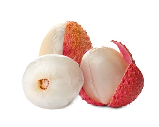 Fresh ripe lychee fruits on white background