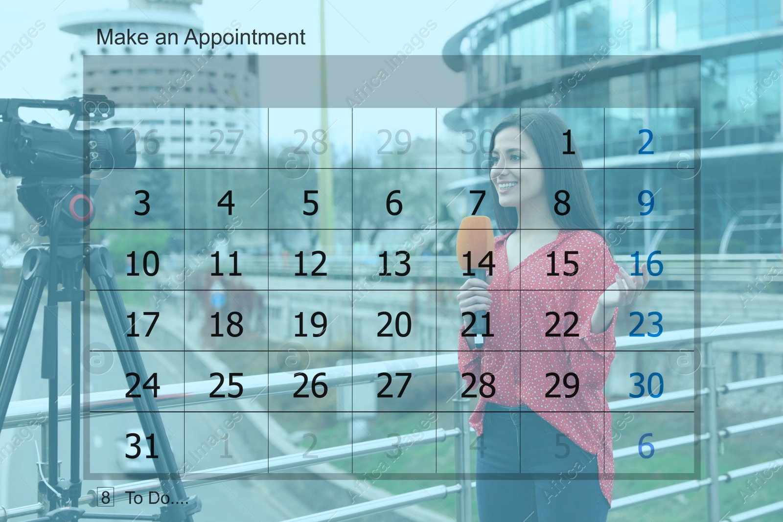 Image of Double exposure of calendar and young journalist working outdoors. Personal schedule