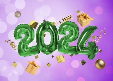 Image of New 2024 Year. Green number shaped balloons, gift boxes, baubles and confetti on violet background with blurred lights
