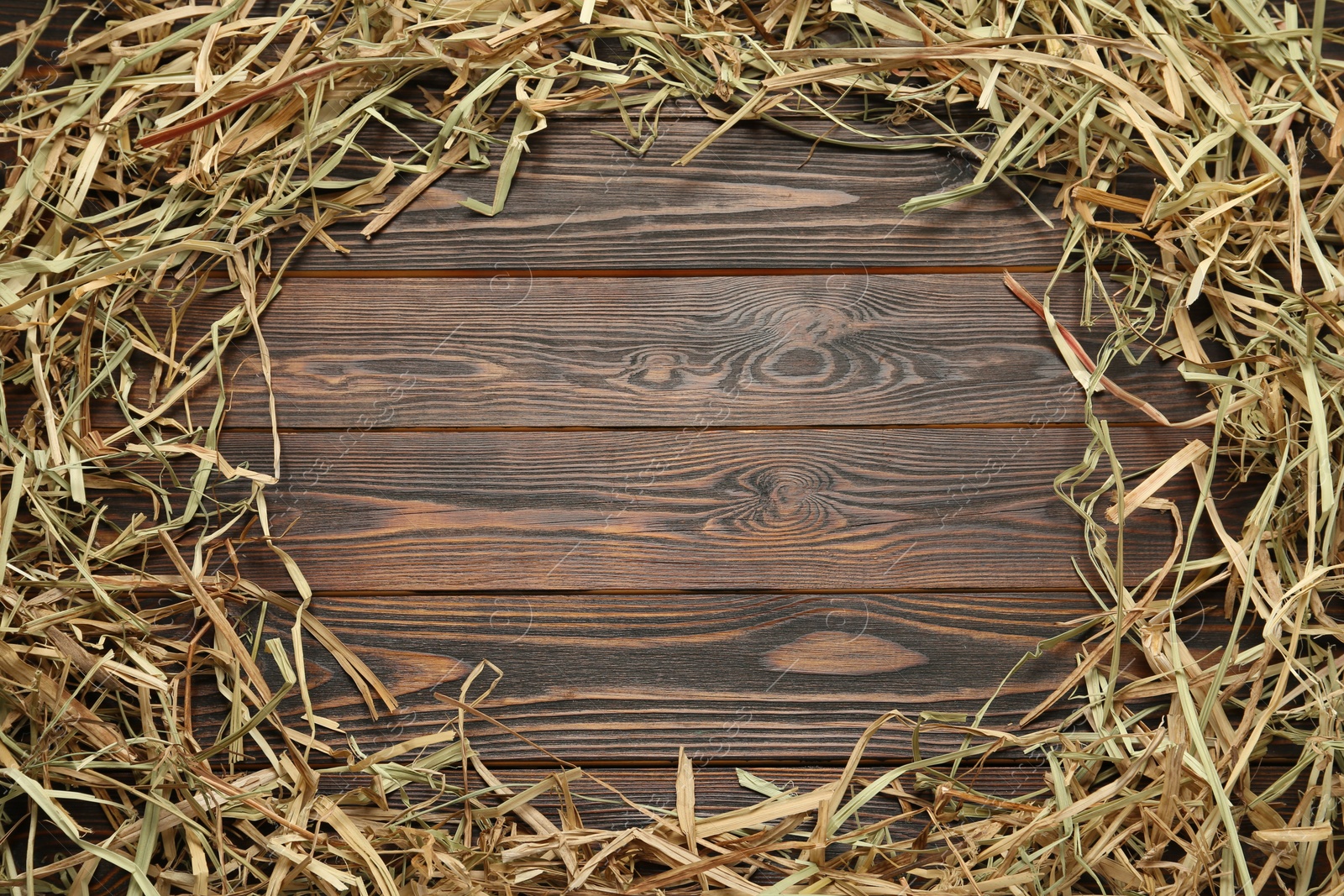 Photo of Frame made of dried hay on wooden background, top view. Space for text