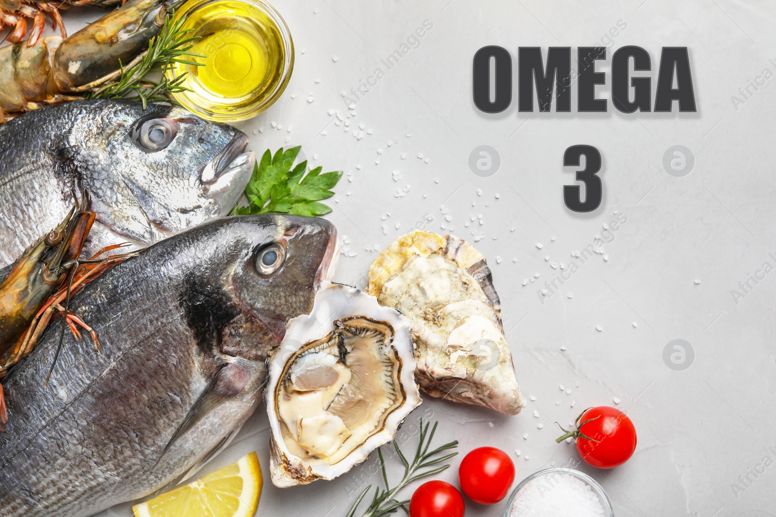 Image of Fresh seafood rich in Omega 3 oils, tomatoes and spices on light table, flat lay