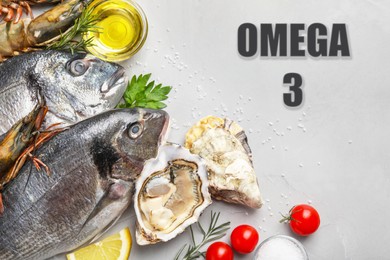 Image of Fresh seafood rich in Omega 3 oils, tomatoes and spices on light table, flat lay