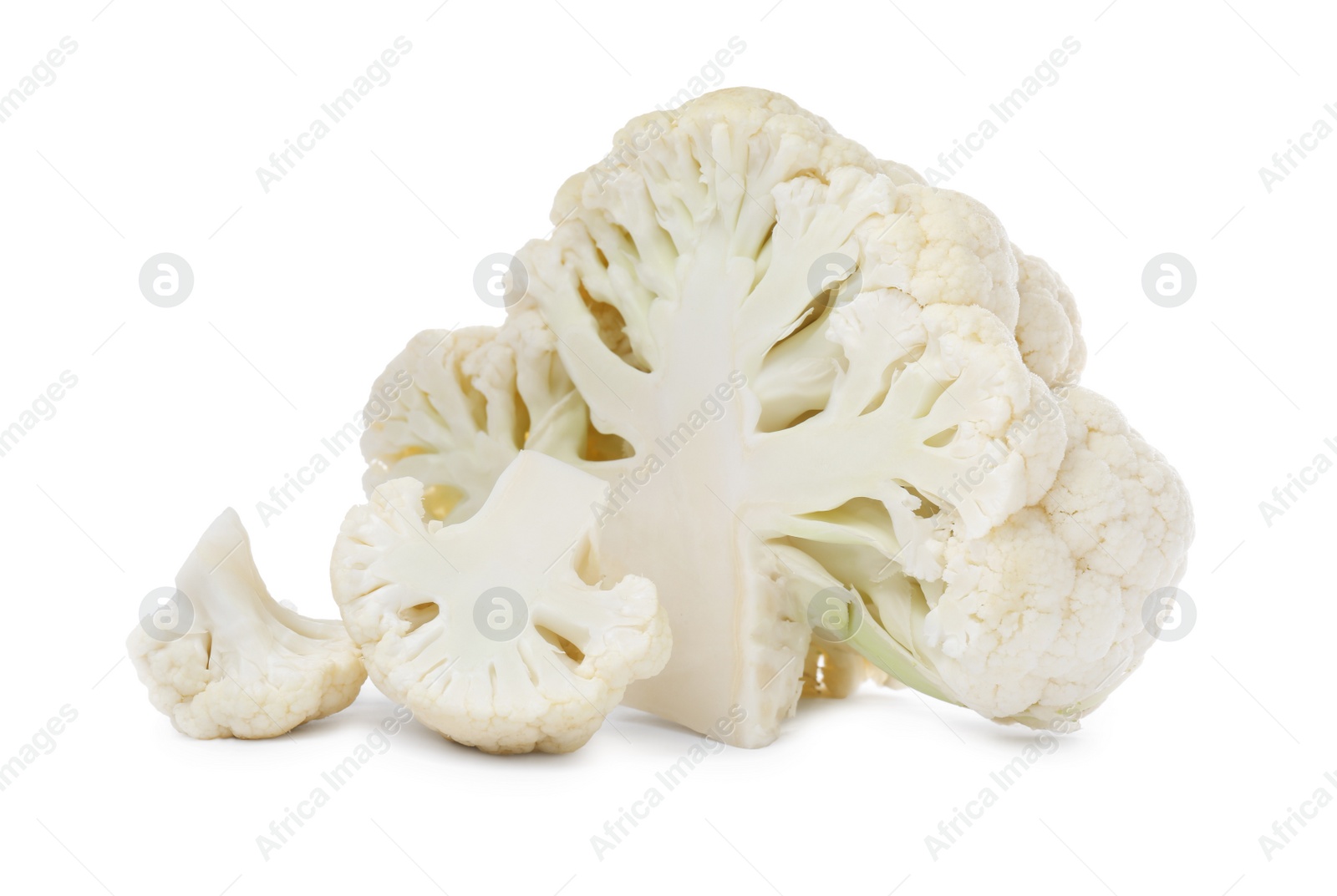 Photo of Cut fresh raw cauliflowers on white background