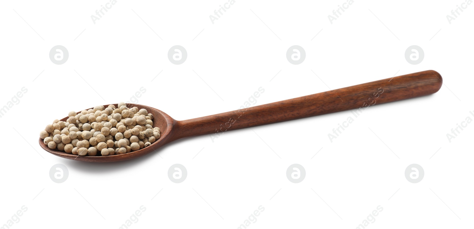 Photo of Aromatic spice. Many peppercorns in spoon isolated on white