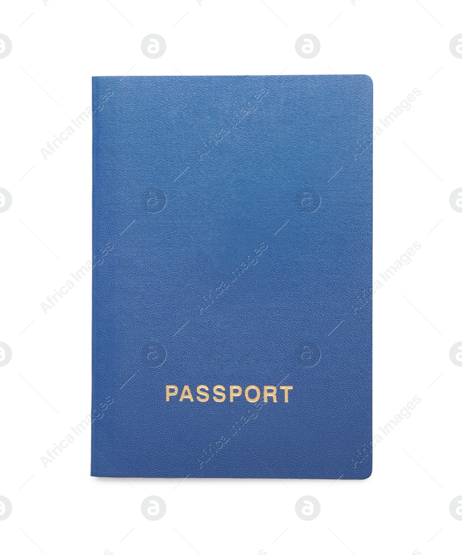 Photo of One blue passport isolated on white, top view