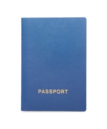 Photo of One blue passport isolated on white, top view