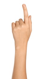 Photo of Woman pointing at something on white background, closeup of hand