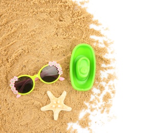 Photo of Composition with beach objects on white background, top view