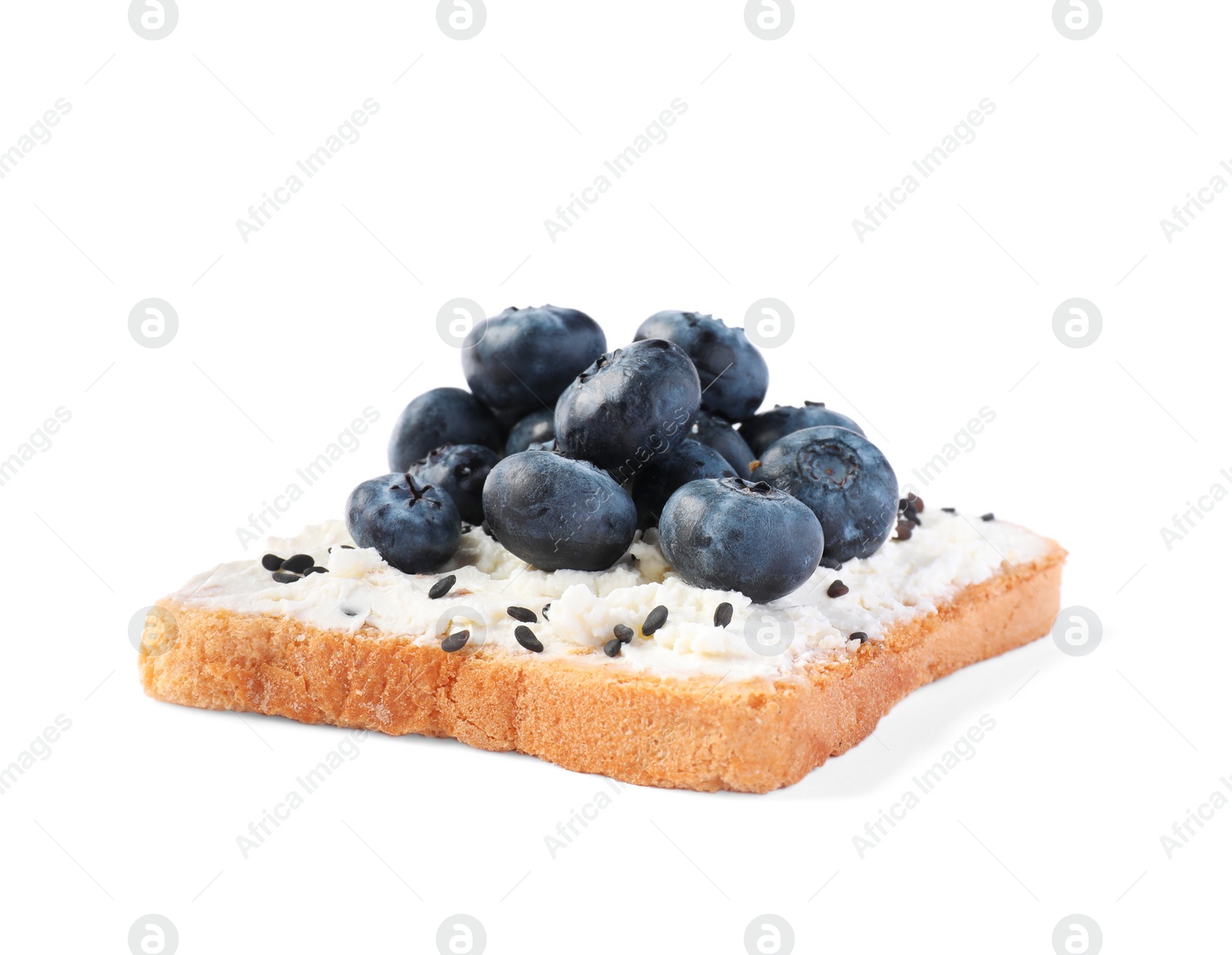 Photo of Delicious toast with cream cheese, blueberries and black sesame seeds isolated on white