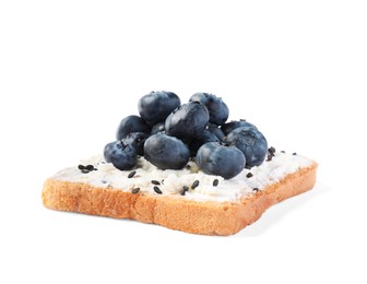 Photo of Delicious toast with cream cheese, blueberries and black sesame seeds isolated on white