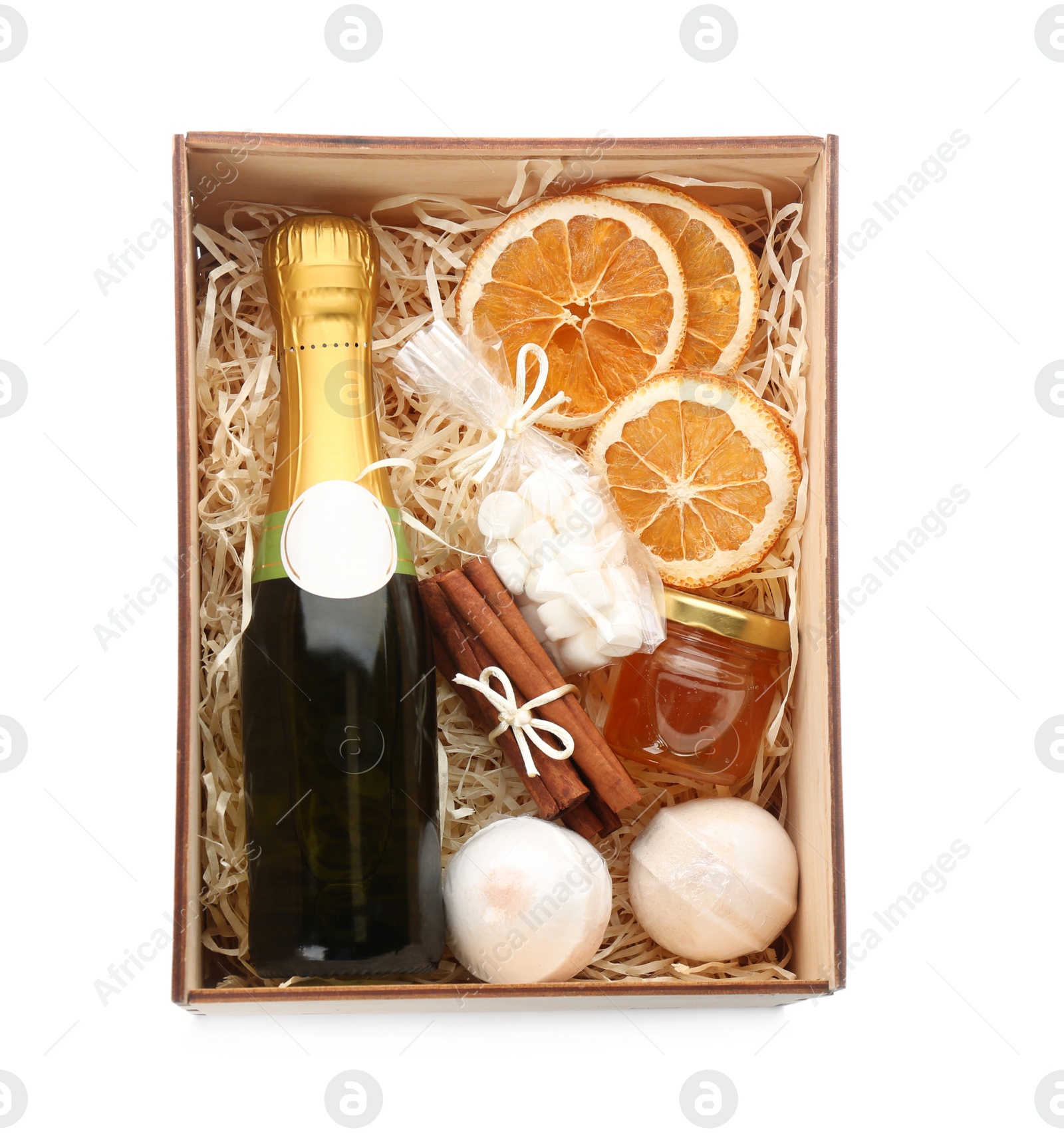 Photo of Stylish gift set in wooden box isolated on white, top view