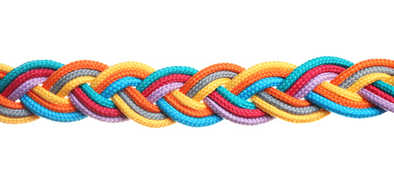 Photo of Braided colorful ropes isolated on white. Unity concept