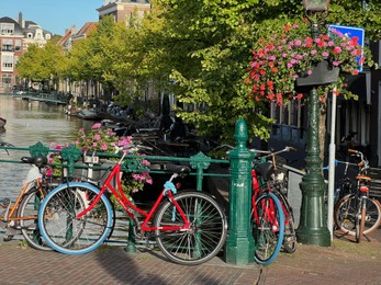 Photo of View of bicycles and beautiful plants near canal on city street