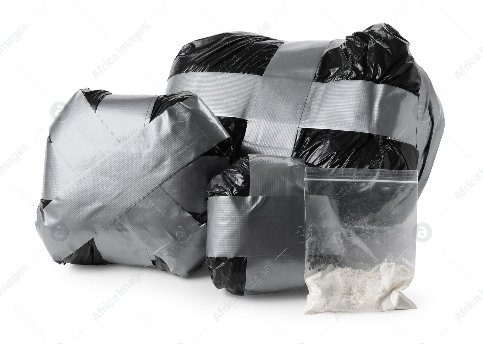 Photo of Packages with narcotics isolated on white. Drug addiction