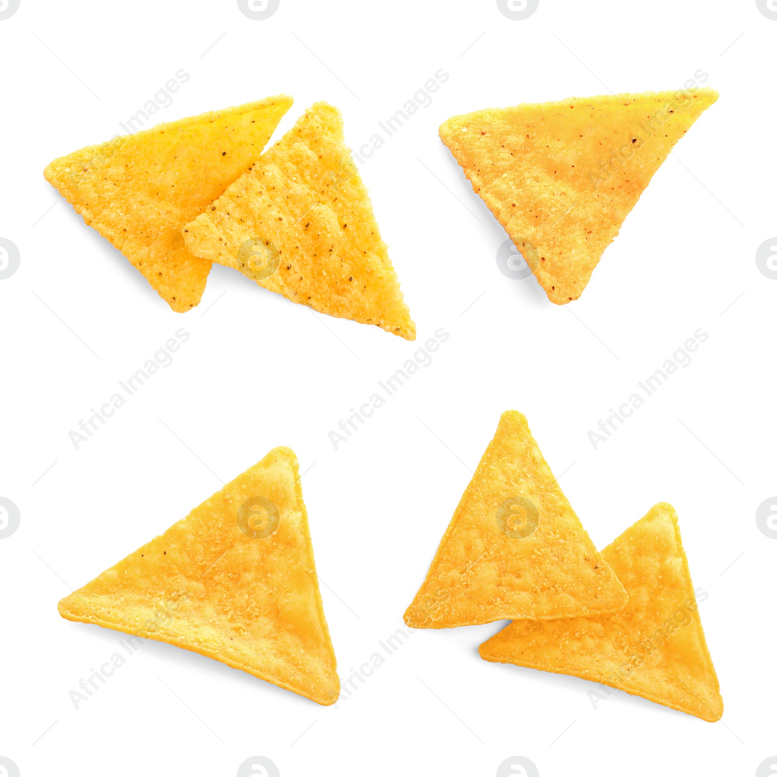 Image of Set with tasty tortilla chips (nachos) on white background, top view