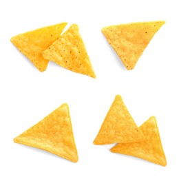 Set with tasty tortilla chips (nachos) on white background, top view