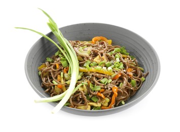 Stir-fry. Delicious cooked noodles with chicken and vegetables in bowl isolated on white