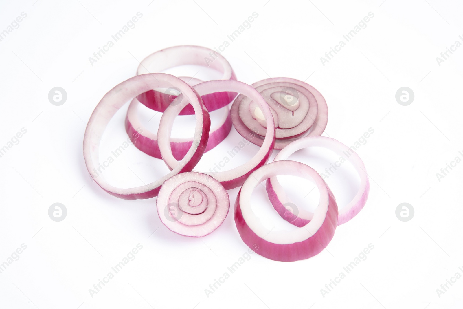 Photo of Fresh slices of red onion on white background