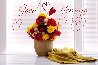 Image of Good morning! Beautiful bouquet and yellow cloth on white wooden table near window