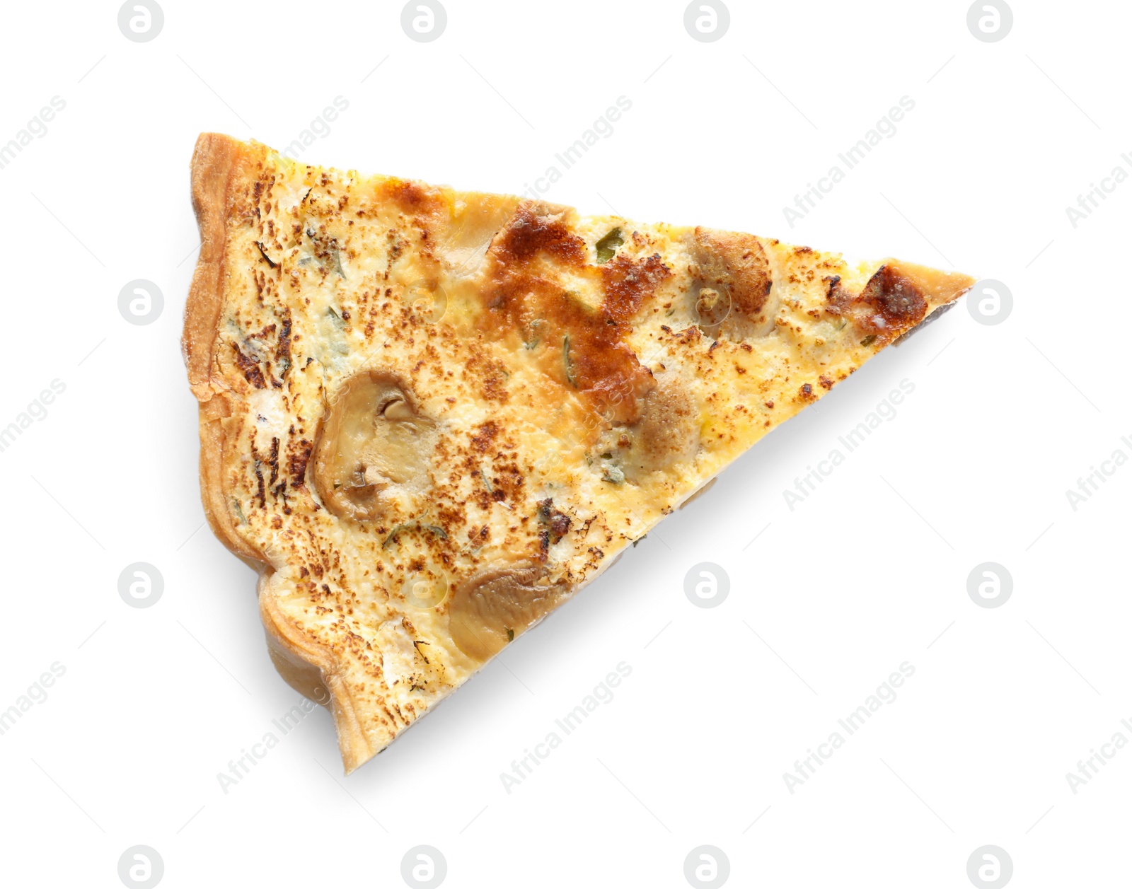 Photo of Delicious pie with mushrooms and cheese isolated on white, top view