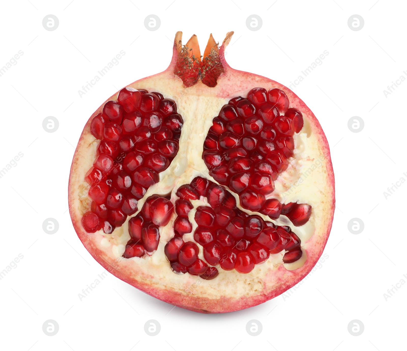 Photo of Half of ripe juicy pomegranate isolated on white