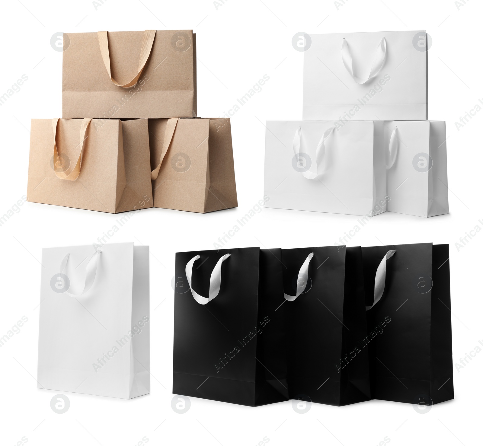 Image of Set with different paper shopping bags on white background