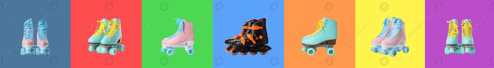 Image of Many roller skates on different color backgrounds. Banner design