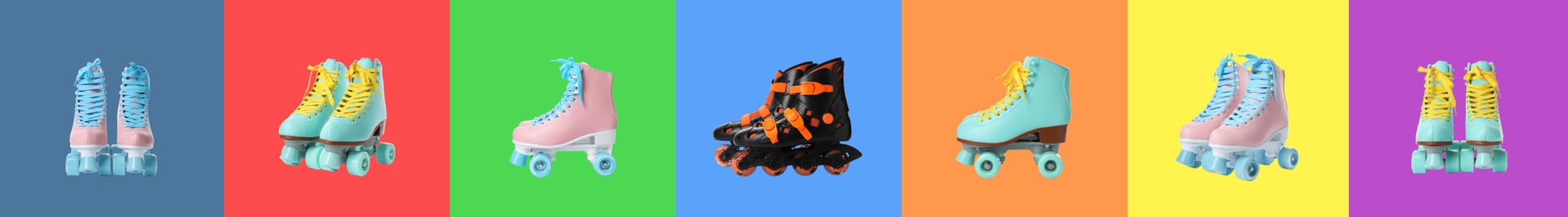 Many roller skates on different color backgrounds. Banner design