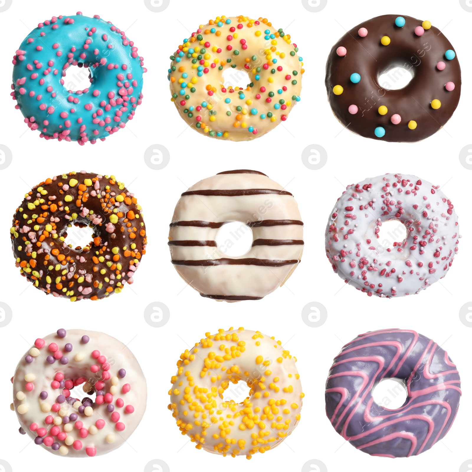 Image of Set with delicious glazed donuts on white background