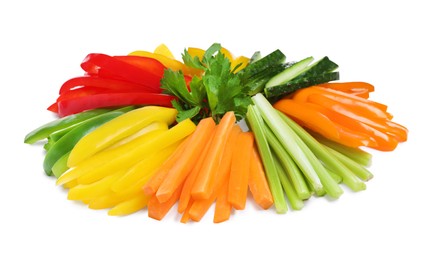 Photo of Different vegetables cut in sticks on white background