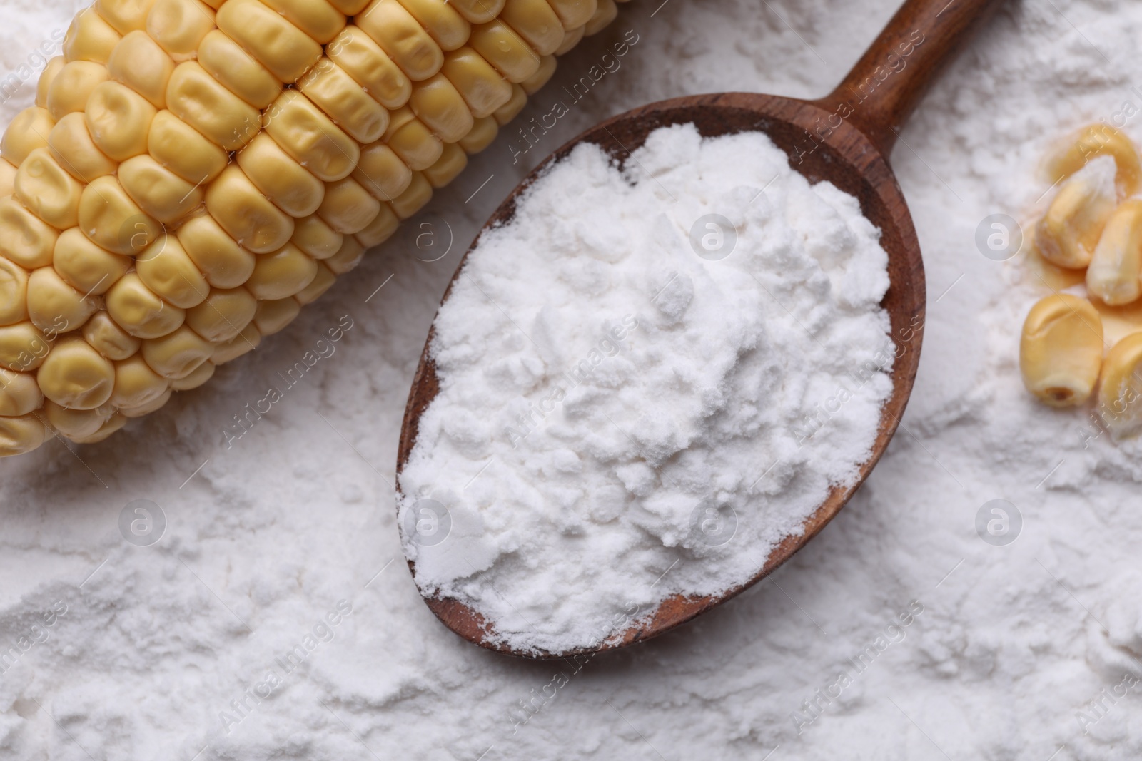 Photo of White corn starch, ripe cob and kernels on powder, top view