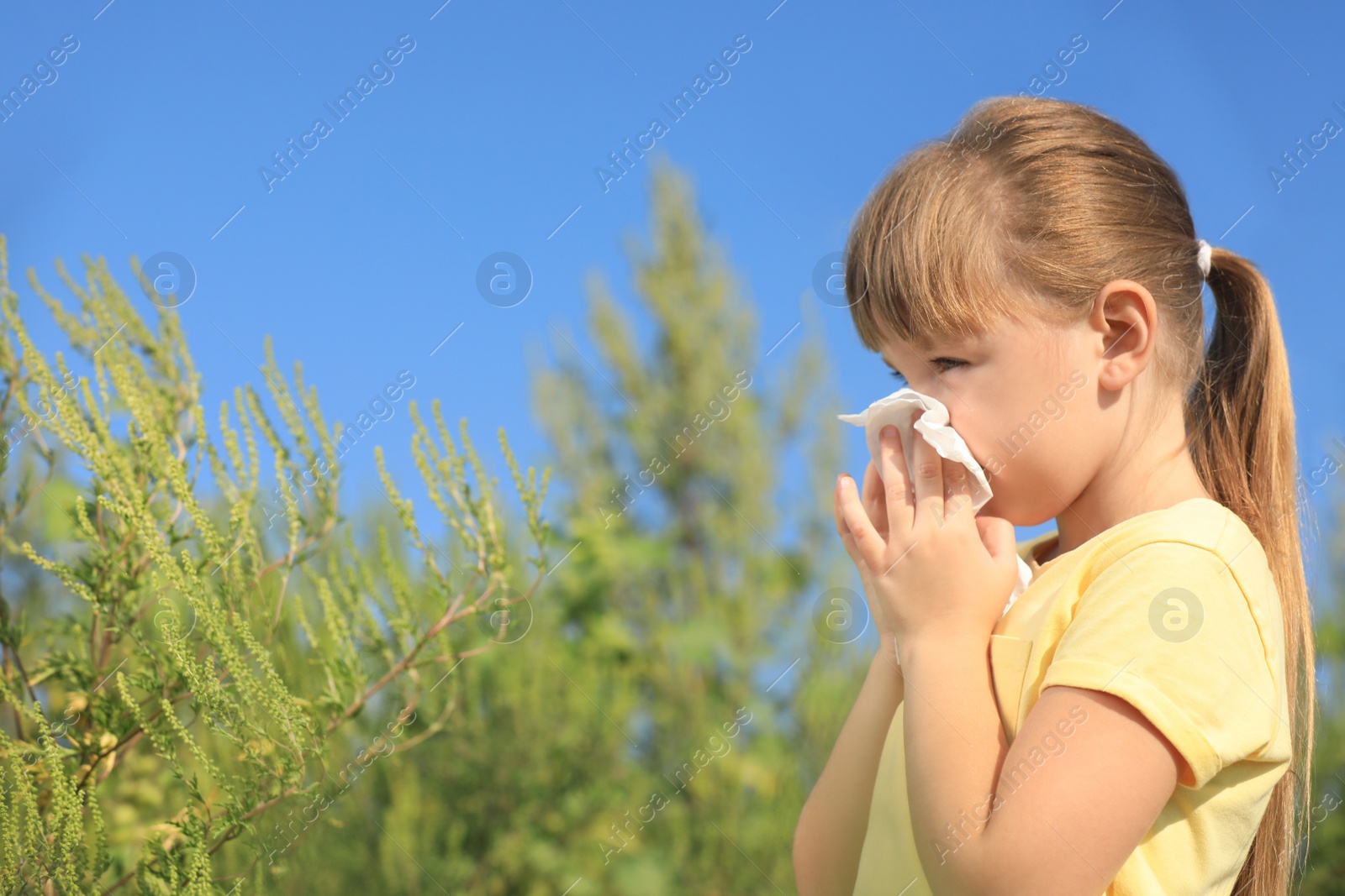 Photo of Little girl suffering from ragweed allergy outdoors