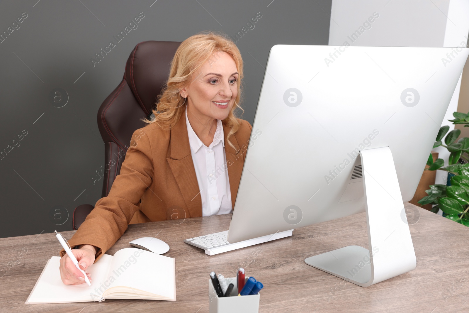 Photo of Lady boss working near computer at desk in office. Successful businesswoman